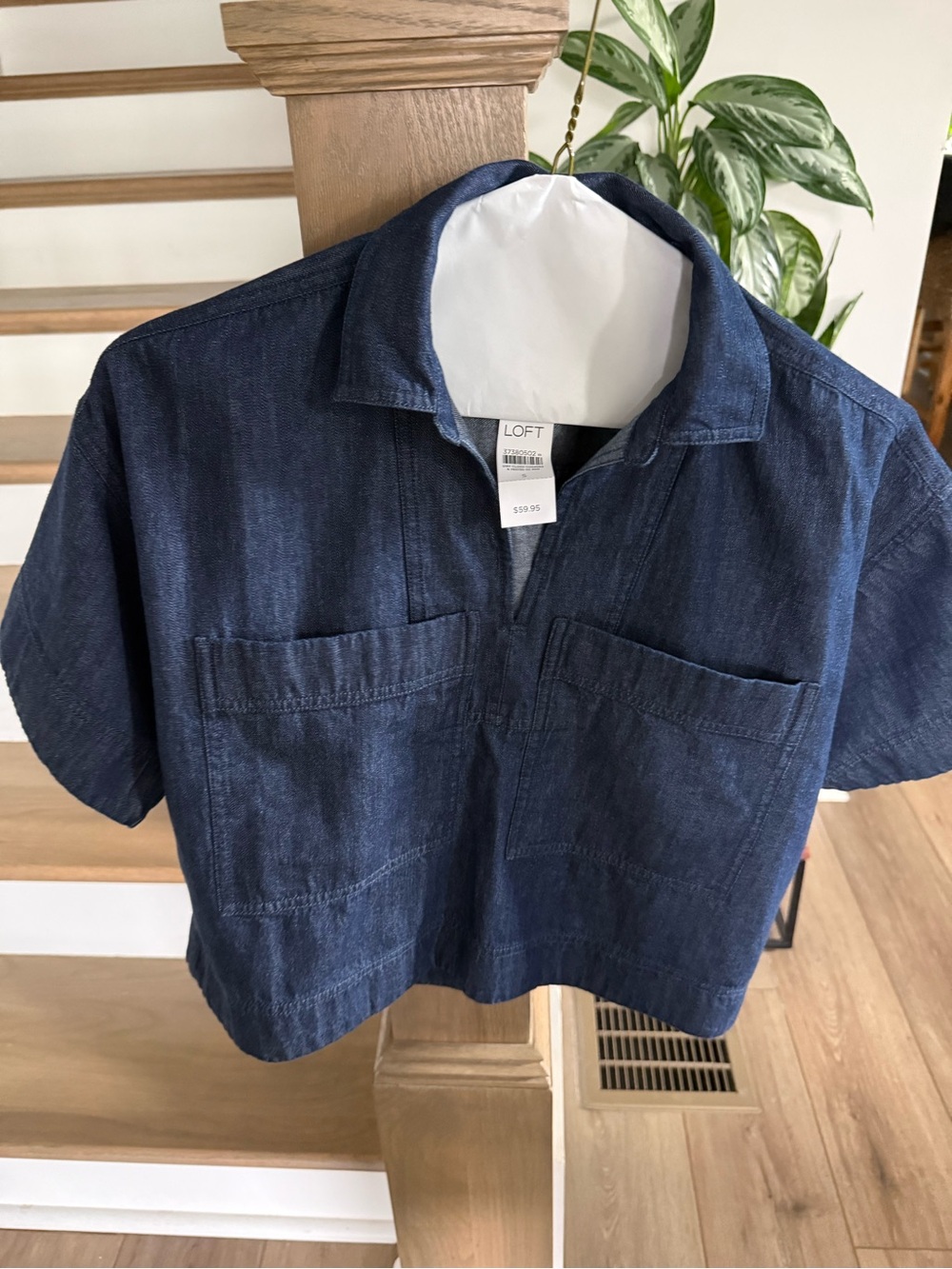 LOFT Indigo Denim Short-Sleeve Crop Top with Front Pockets